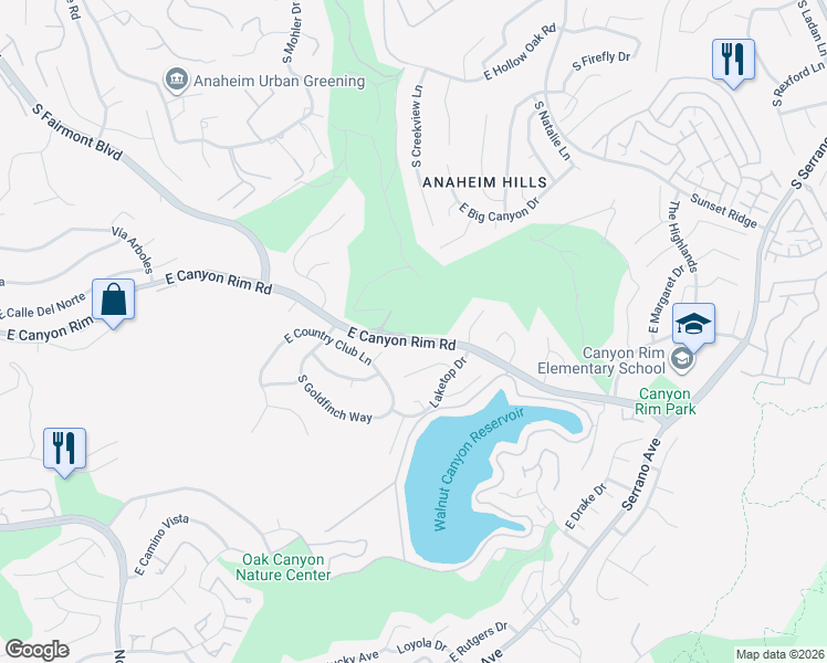 map of restaurants, bars, coffee shops, grocery stores, and more near 7300 East Singingwood Drive in Anaheim