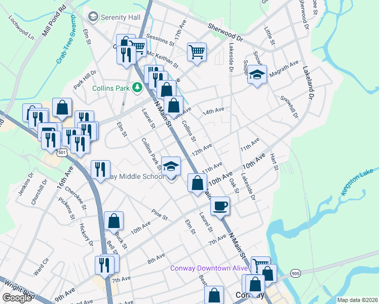 map of restaurants, bars, coffee shops, grocery stores, and more near 1202 North Main Street in Conway