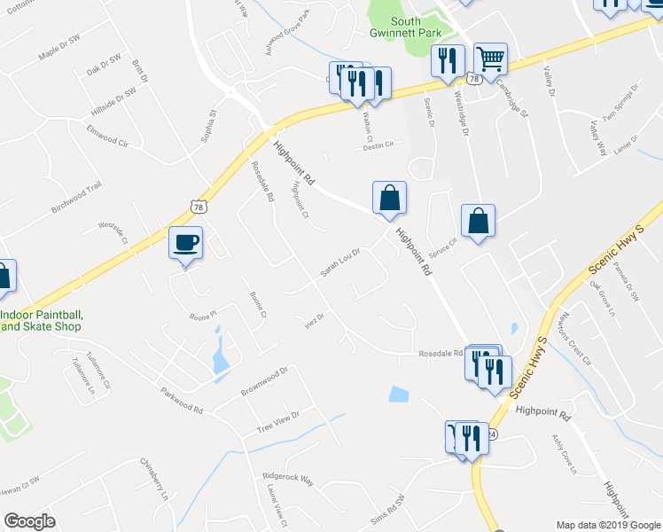 map of restaurants, bars, coffee shops, grocery stores, and more near 3215 Sarah Lou Drive in Snellville