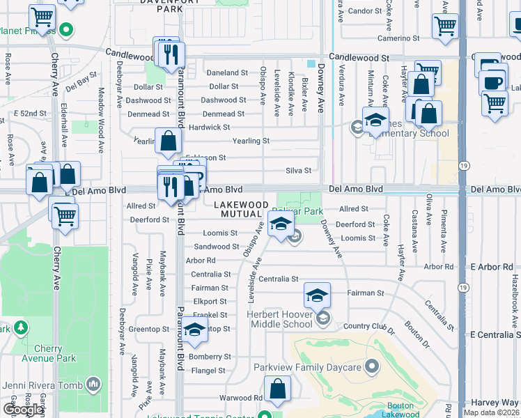 map of restaurants, bars, coffee shops, grocery stores, and more near 2952 Allred Street in Lakewood