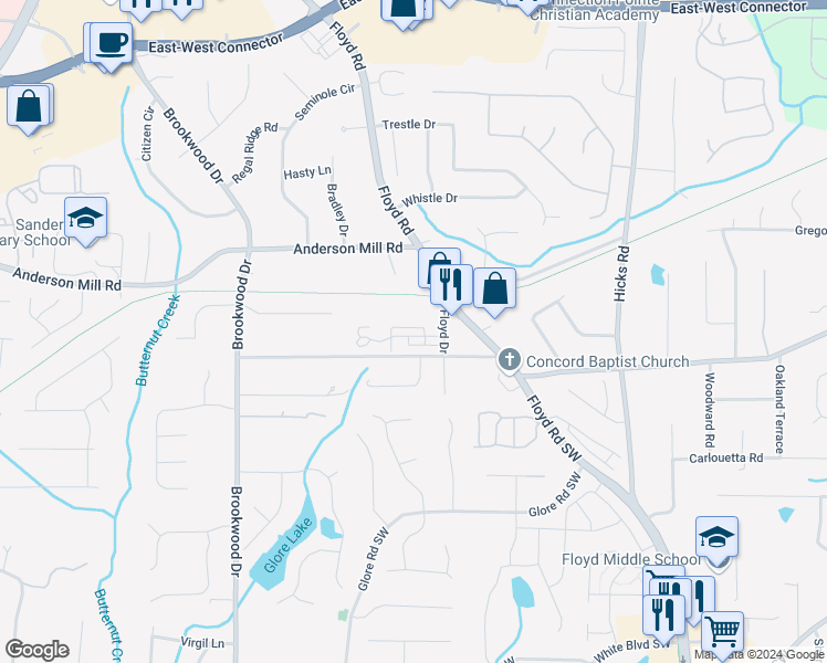 map of restaurants, bars, coffee shops, grocery stores, and more near 1148 Parktown Drive Southwest in Mableton