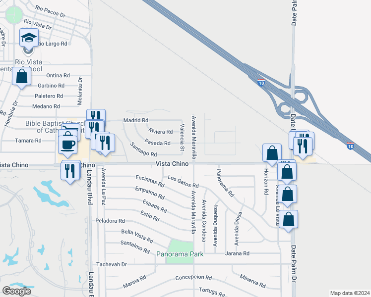 map of restaurants, bars, coffee shops, grocery stores, and more near 27874 Valencia Street in Cathedral City