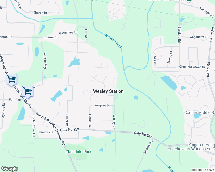 map of restaurants, bars, coffee shops, grocery stores, and more near 4488 Wesley Way in Austell