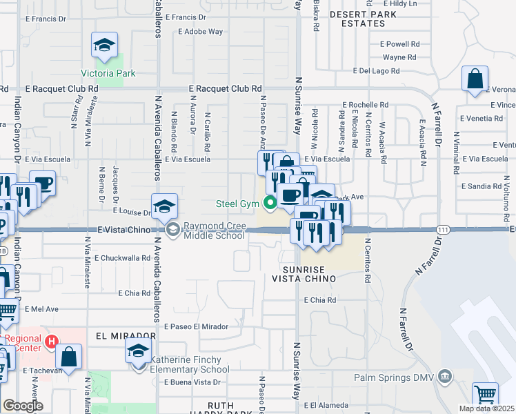 map of restaurants, bars, coffee shops, grocery stores, and more near 1808 Hidalgo Way in Palm Springs