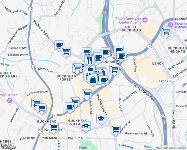 map of restaurants, bars, coffee shops, grocery stores, and more near 3333 Piedmont Road Northeast in Atlanta