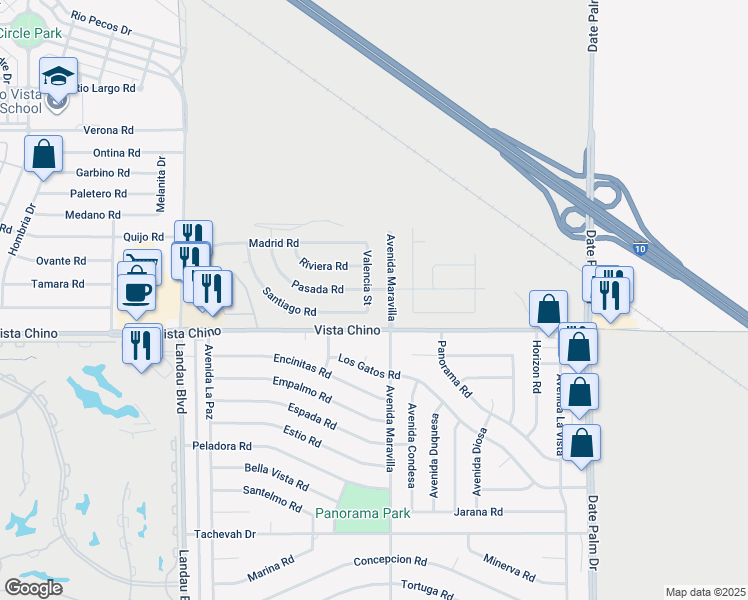 map of restaurants, bars, coffee shops, grocery stores, and more near 27874 Valencia Street in Cathedral City