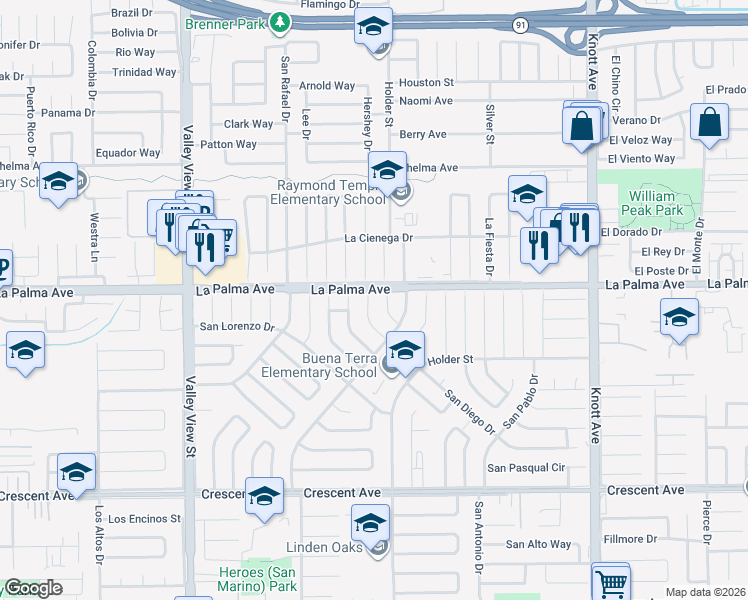 map of restaurants, bars, coffee shops, grocery stores, and more near 6441 San Diego Drive in Buena Park