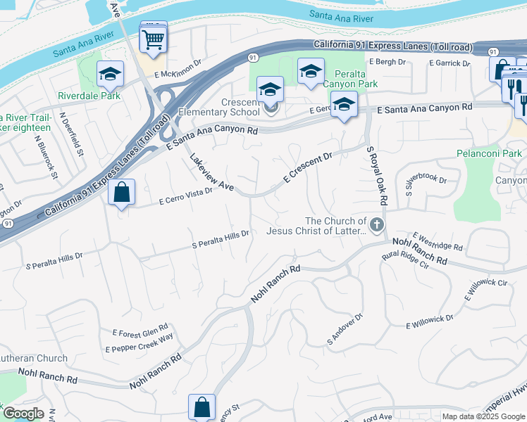 map of restaurants, bars, coffee shops, grocery stores, and more near 4938 Cresent Drive in Anaheim