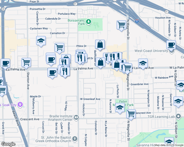 map of restaurants, bars, coffee shops, grocery stores, and more near 8054 Teakwood Circle in Buena Park