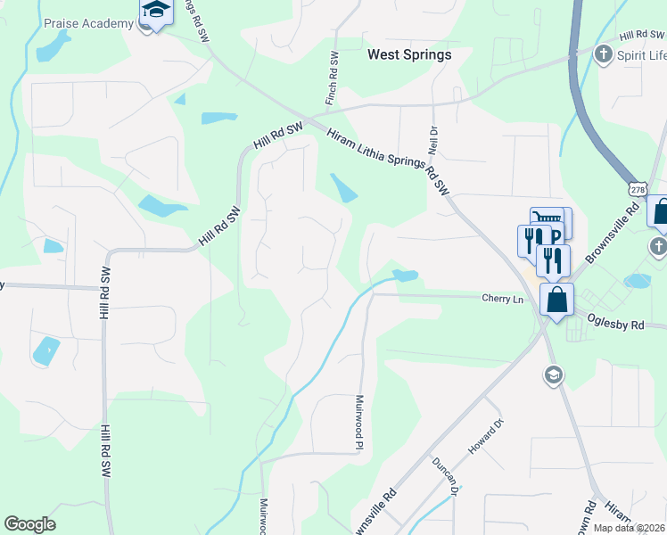 map of restaurants, bars, coffee shops, grocery stores, and more near 4876 Muirwood Drive in Powder Springs