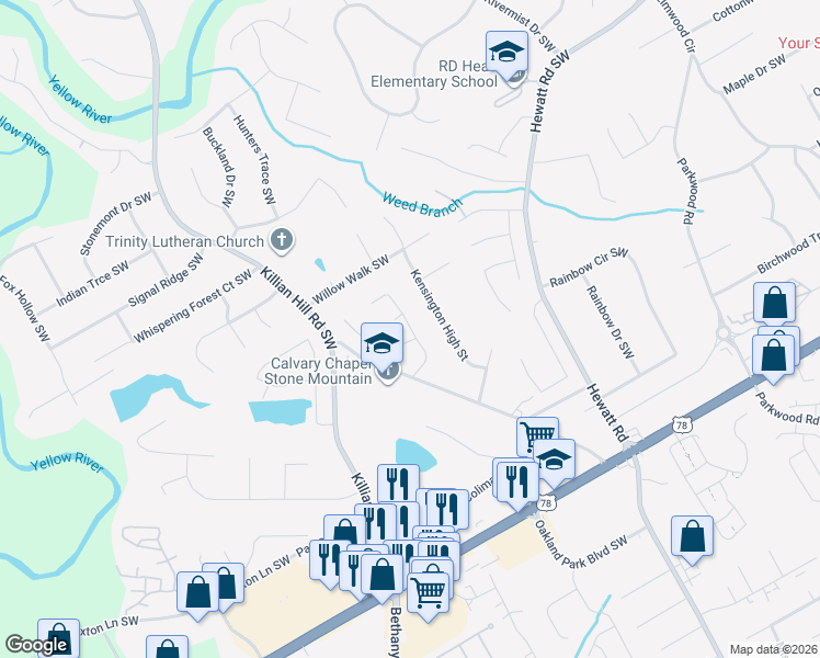 map of restaurants, bars, coffee shops, grocery stores, and more near Embassy Walk Lane in Lilburn