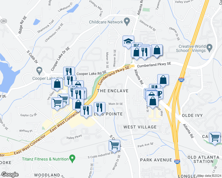 map of restaurants, bars, coffee shops, grocery stores, and more near 4435 Oakdale Vinings Landing Southeast in Smyrna