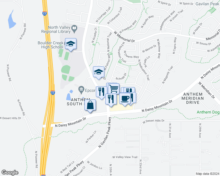map of restaurants, bars, coffee shops, grocery stores, and more near 39806 North Integrity Trail in New River