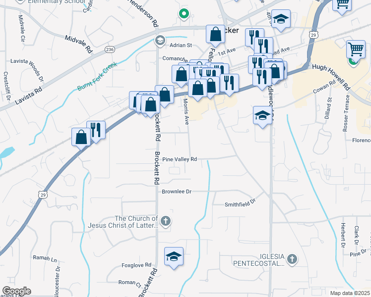 map of restaurants, bars, coffee shops, grocery stores, and more near 2116 Morris Ave in Tucker
