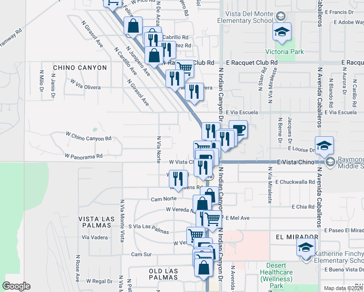 map of restaurants, bars, coffee shops, grocery stores, and more near 1875 North Palm Canyon Drive in Palm Springs