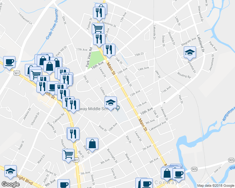 map of restaurants, bars, coffee shops, grocery stores, and more near 1206 Laurel Street in Conway