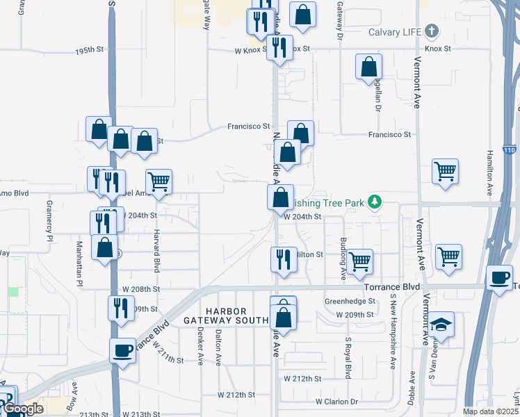 map of restaurants, bars, coffee shops, grocery stores, and more near 20333 South Normandie Avenue in Torrance