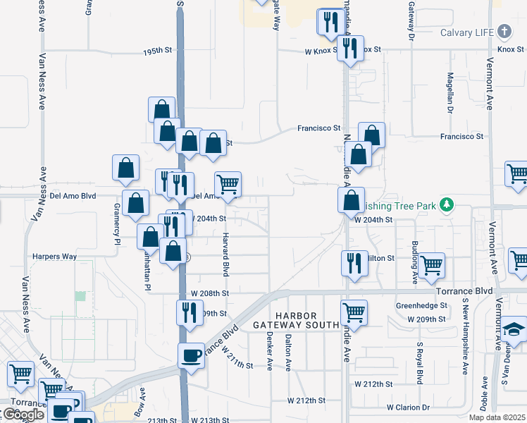 map of restaurants, bars, coffee shops, grocery stores, and more near 20315 Denker Avenue in Torrance