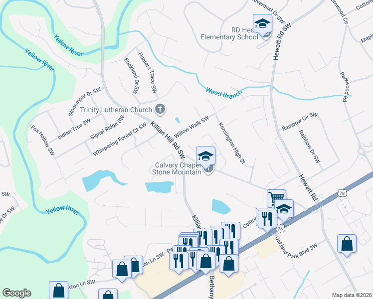 map of restaurants, bars, coffee shops, grocery stores, and more near 4040 Embassy Way in Lilburn