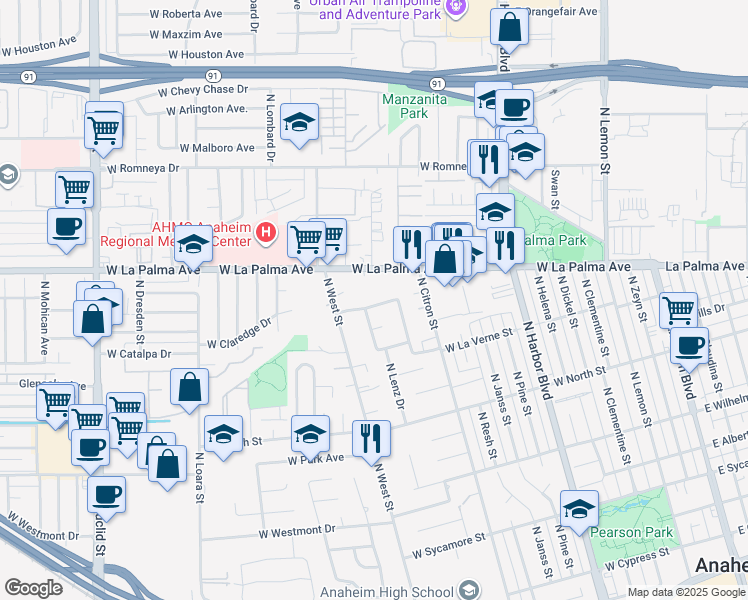 map of restaurants, bars, coffee shops, grocery stores, and more near 925 West Autumn Drive in Anaheim