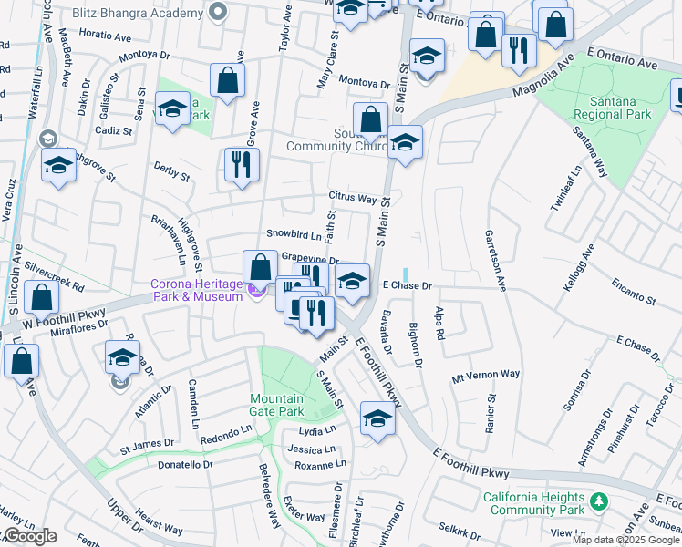 map of restaurants, bars, coffee shops, grocery stores, and more near 2845 Keystone Circle in Corona