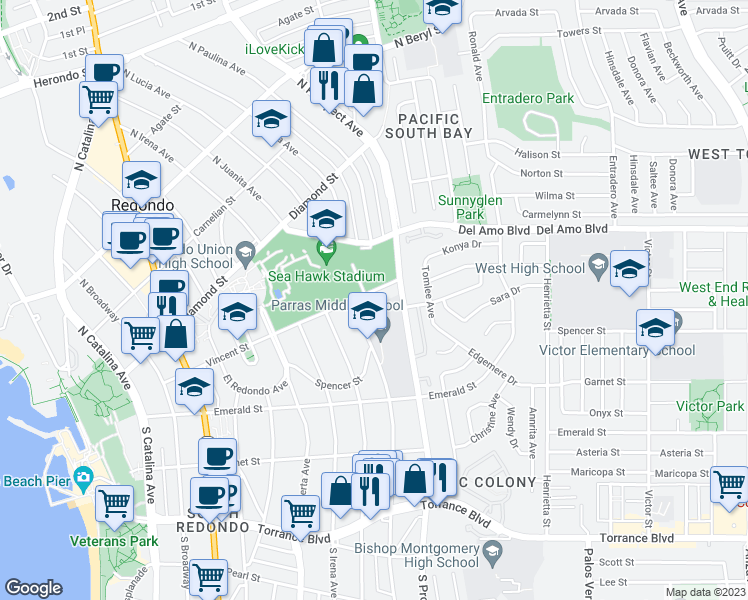 map of restaurants, bars, coffee shops, grocery stores, and more near 1110 Vincent Street in Redondo Beach