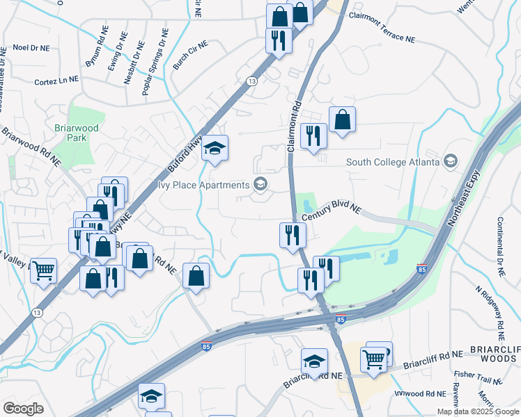 map of restaurants, bars, coffee shops, grocery stores, and more near 1724 Clairmont Way Northeast in Atlanta