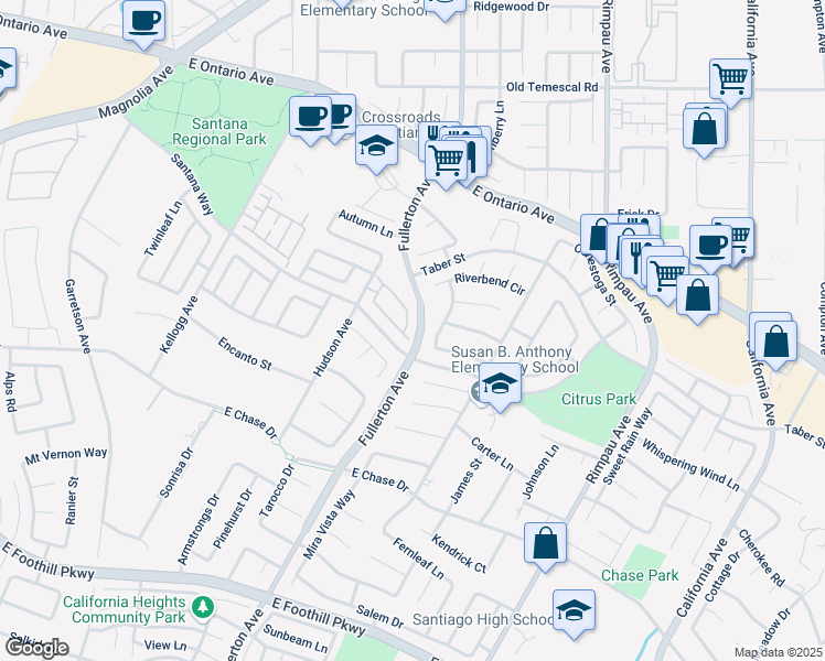 map of restaurants, bars, coffee shops, grocery stores, and more near 973 Ferndale Drive in Corona