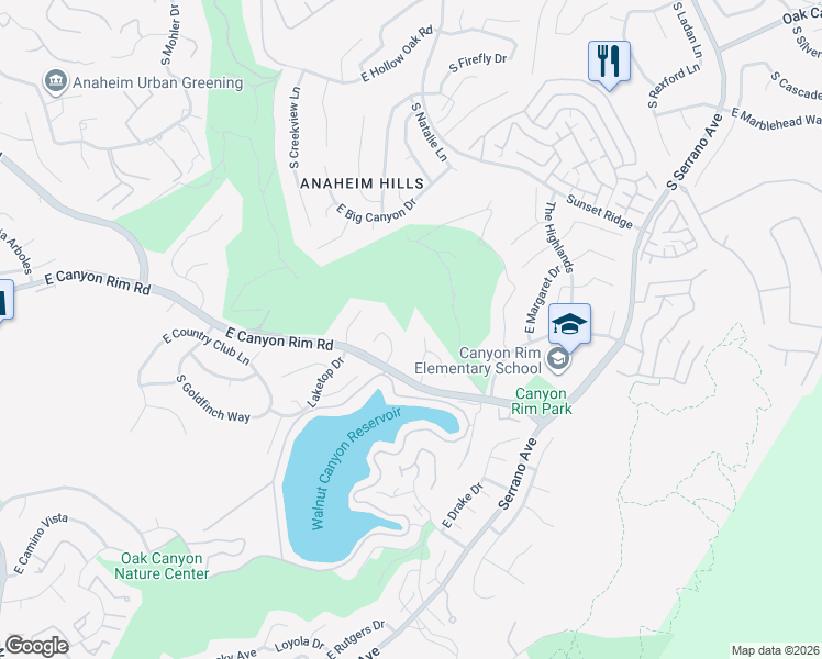 map of restaurants, bars, coffee shops, grocery stores, and more near 7385 East Nightingale Circle in Anaheim