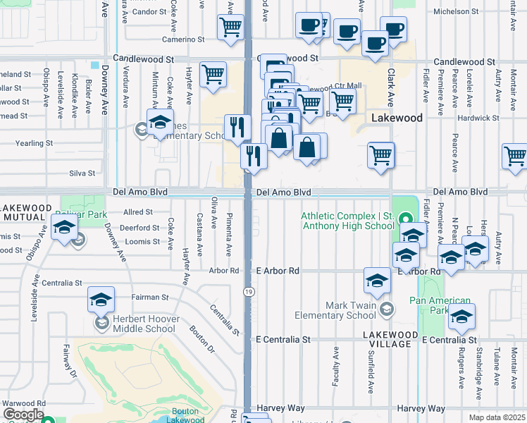 map of restaurants, bars, coffee shops, grocery stores, and more near 4845 Pepperwood Avenue in Long Beach