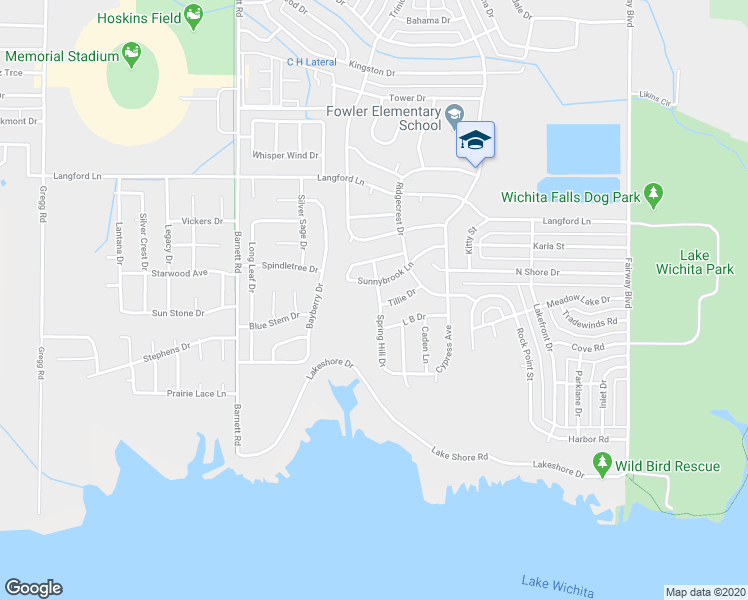 map of restaurants, bars, coffee shops, grocery stores, and more near 4914 Spring Hill Drive in Wichita Falls