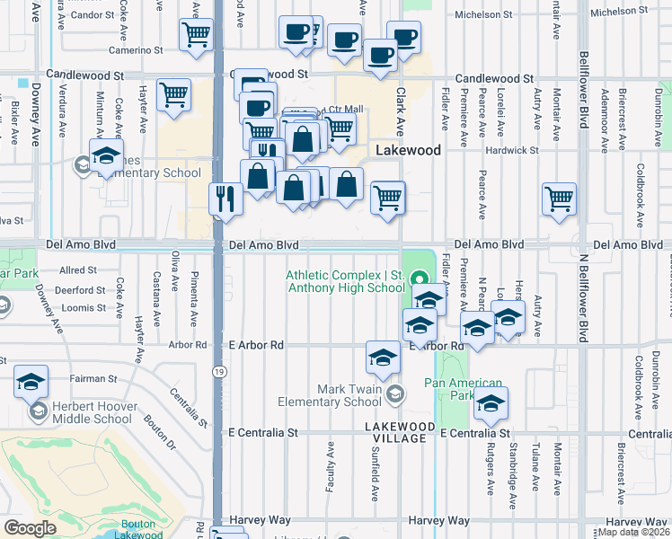 map of restaurants, bars, coffee shops, grocery stores, and more near 4844 Faculty Avenue in Long Beach