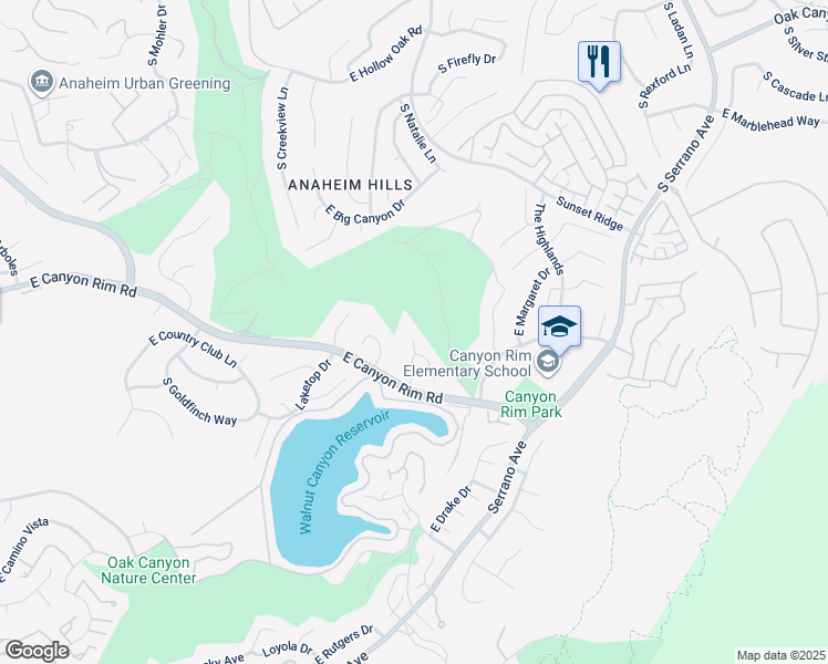 map of restaurants, bars, coffee shops, grocery stores, and more near 7370 East Nightingale Circle in Anaheim