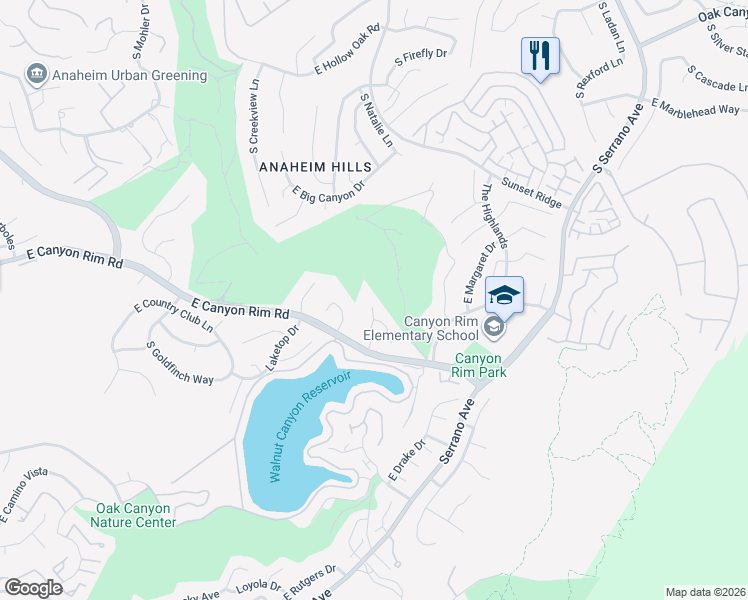 map of restaurants, bars, coffee shops, grocery stores, and more near 7385 East Nightingale Circle in Anaheim