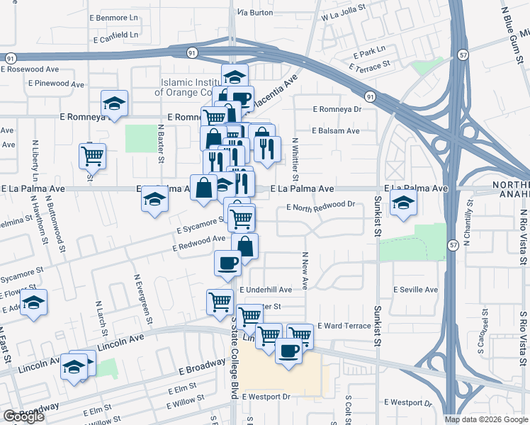map of restaurants, bars, coffee shops, grocery stores, and more near 506 North North Redwood Place in Anaheim