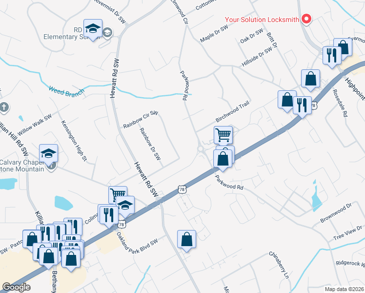 map of restaurants, bars, coffee shops, grocery stores, and more near 3641 Rainbow Circle Southwest in Snellville
