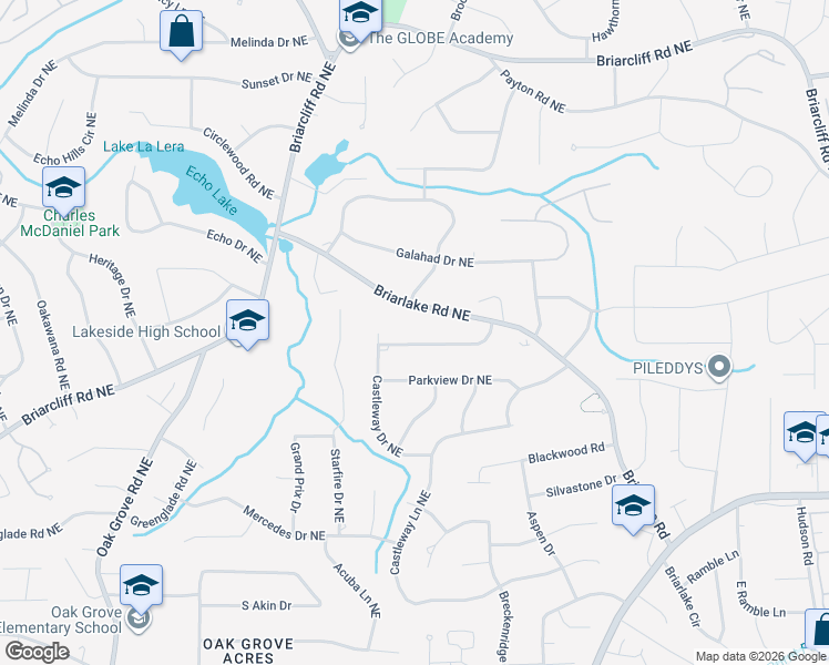 map of restaurants, bars, coffee shops, grocery stores, and more near 2714 Briarlake Woods Way Northeast in Atlanta