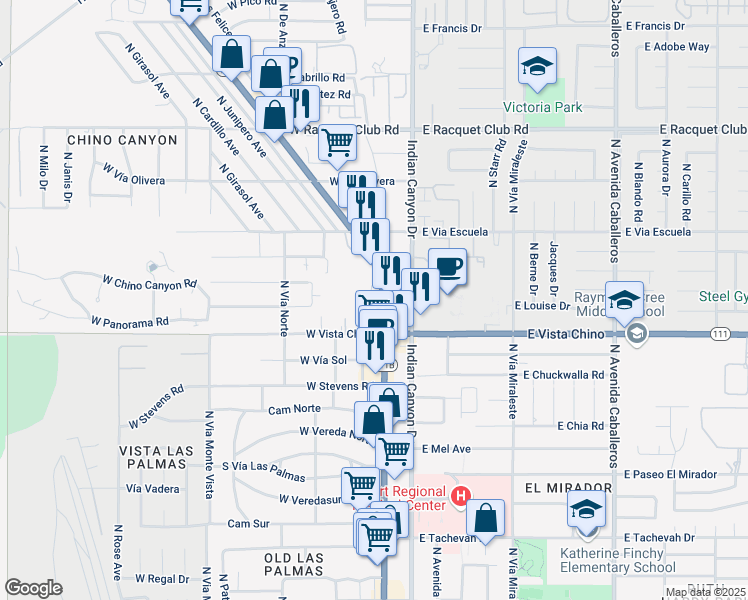 map of restaurants, bars, coffee shops, grocery stores, and more near 1875 North Palm Canyon Drive in Palm Springs
