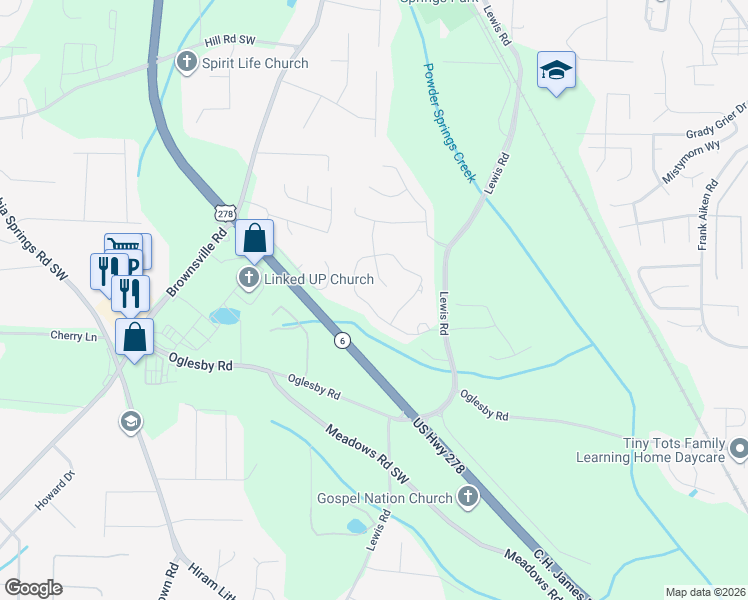 map of restaurants, bars, coffee shops, grocery stores, and more near 4590 Falls Avenue in Powder Springs