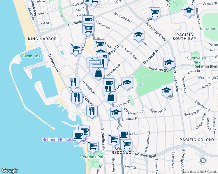 map of restaurants, bars, coffee shops, grocery stores, and more near 316 North Francisca Avenue in Redondo Beach