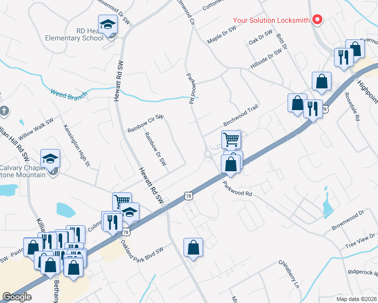 map of restaurants, bars, coffee shops, grocery stores, and more near 3641 Rainbow Circle Southwest in Snellville