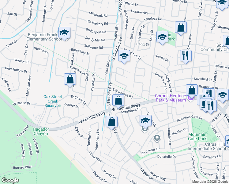 map of restaurants, bars, coffee shops, grocery stores, and more near 1072 Silvercreek Road in Corona
