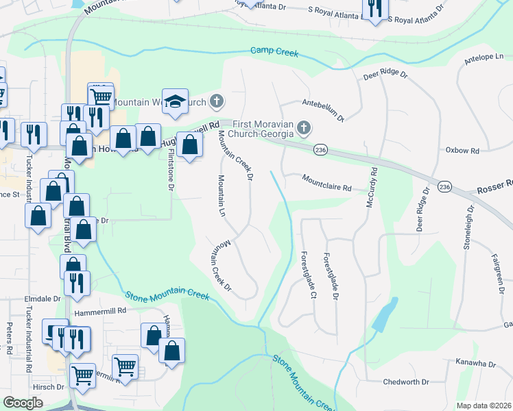 map of restaurants, bars, coffee shops, grocery stores, and more near 2123 Mountain Creek Drive in Stone Mountain