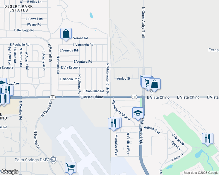 map of restaurants, bars, coffee shops, grocery stores, and more near 1850 North Whitewater Club Drive in Palm Springs