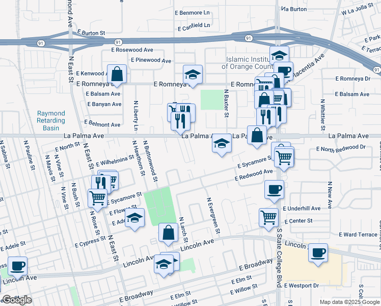 map of restaurants, bars, coffee shops, grocery stores, and more near 638 North Anna Drive in Anaheim