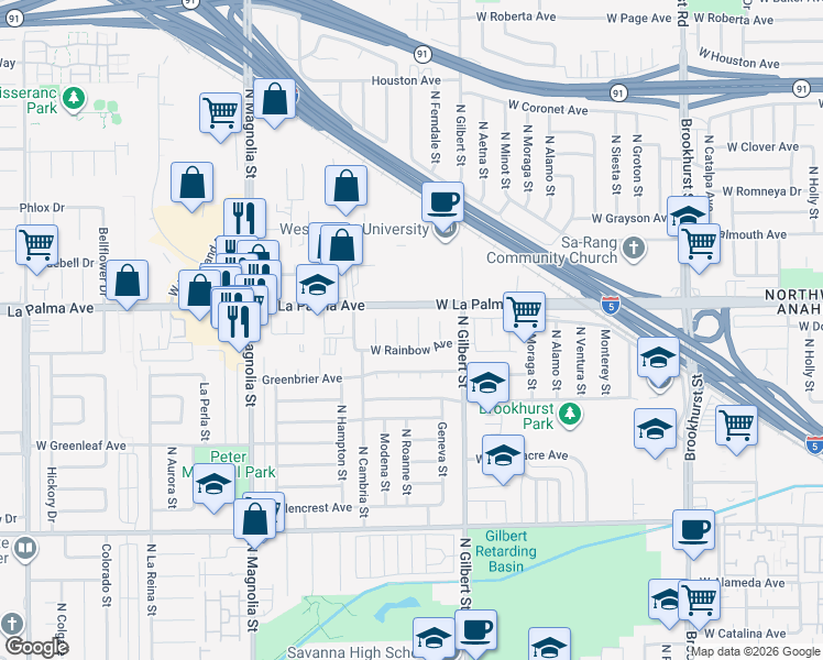 map of restaurants, bars, coffee shops, grocery stores, and more near 1015 North Roanne Place in Anaheim