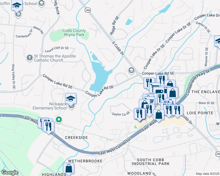 map of restaurants, bars, coffee shops, grocery stores, and more near 1472 Cooper Lake Road Southeast in Smyrna