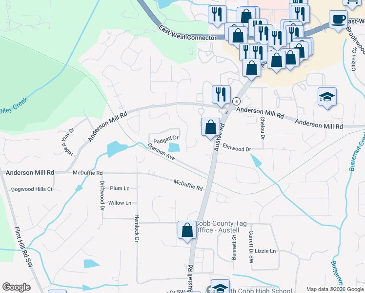 map of restaurants, bars, coffee shops, grocery stores, and more near 4378 Stonecrest Dr in Austell