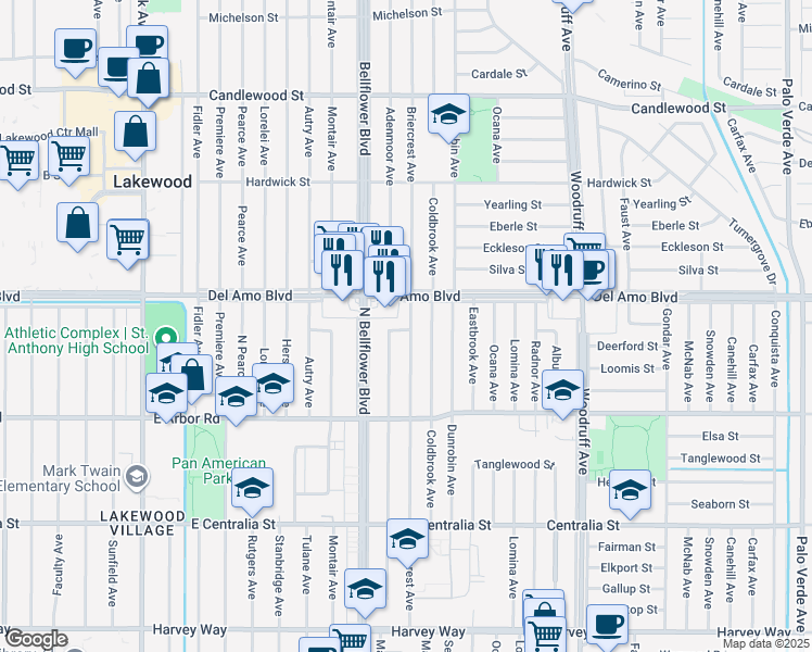 map of restaurants, bars, coffee shops, grocery stores, and more near 4841 Briercrest Avenue in Lakewood