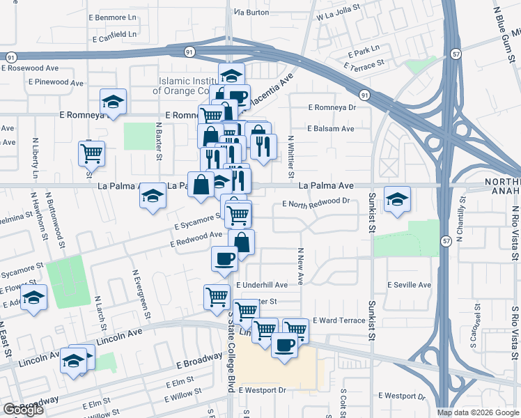 map of restaurants, bars, coffee shops, grocery stores, and more near 506 North North Redwood Place in Anaheim